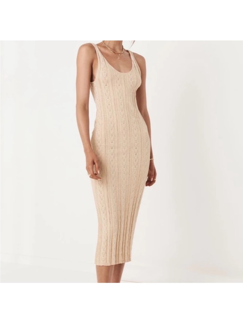 SPELL M Frenchie Rib Sleeveless Cable Knit Midi Dress in Beige